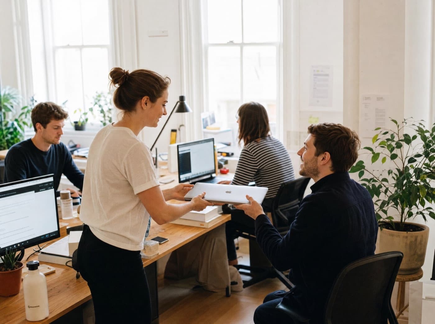A small team handing a laptop across a desk in a bright office